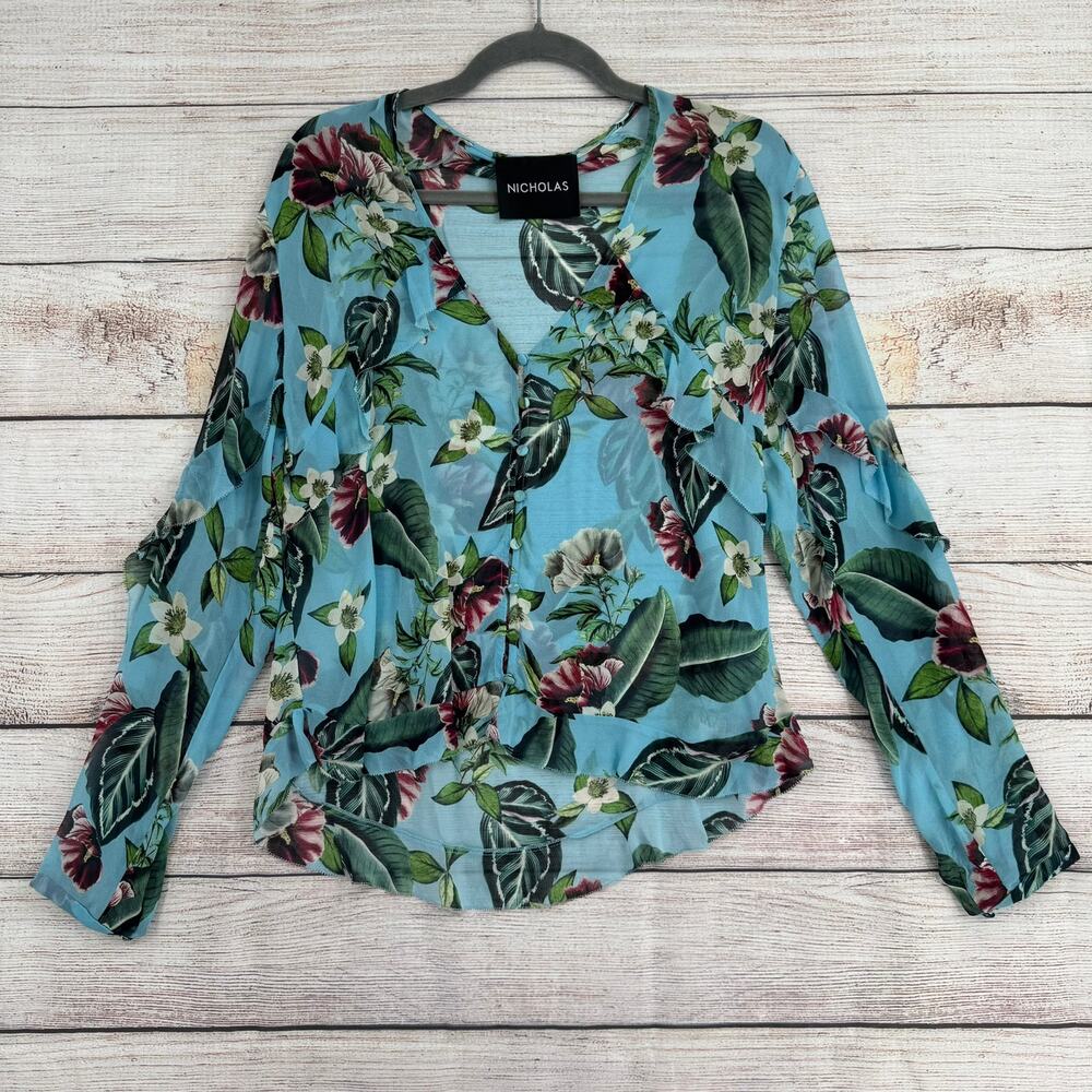 Nicholas Floral‎ Semi Sheer Ruffled Button Down Blouse Womens S Blue Green